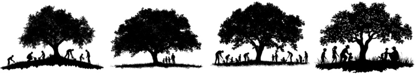 Silhouettes of people planting a tree, modern illustration, SVG