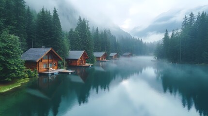 Fototapeta premium Aerial view of a crystal-clear lake reflecting the sky, surrounded by dense pine forests and scattered wooden cabins. Mist hovers over the water, creating a serene atmosphere