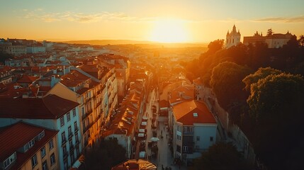 Drone shot of a European city at sunset, narrow cobblestone streets lined with cafes, old churches in the distance, soft golden light casting shadows