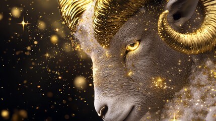 Astrology-Themed Aries Poster, A poster featuring a stunning gold ram, with the Aries constellation and stars shining brightly, ideal for branding or personal projects related to astrology.