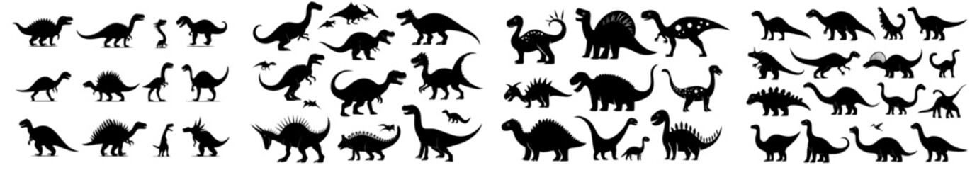 An abstract modern set of isolated dinosaur silhouette illustrations with cute baby dinosaurs, a set of funny dinosaurs and black silhouettes, a design template for baby invitations