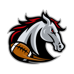 A fierce gray horse mascot head holding a football in its mane, perfect for sports branding.
