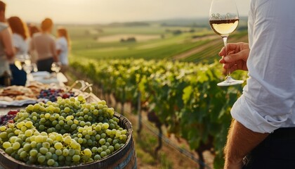 Enjoying a serene moment in a vineyard with fresh grapes and a glass of white wine, surrounded by picturesque nature.