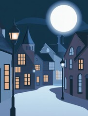 Nighttime Village Scene with Full Moon and Lanterns