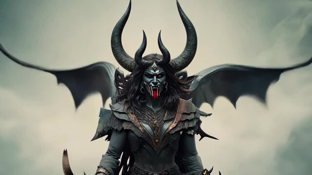 menacing demon warrior with horns and wings, wearing dark armor and a fierce expression.