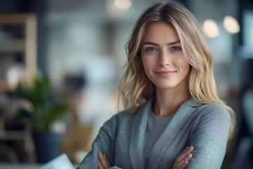 Portrait of happy businesswoman with touchpad in office looking at camera, Generative AI