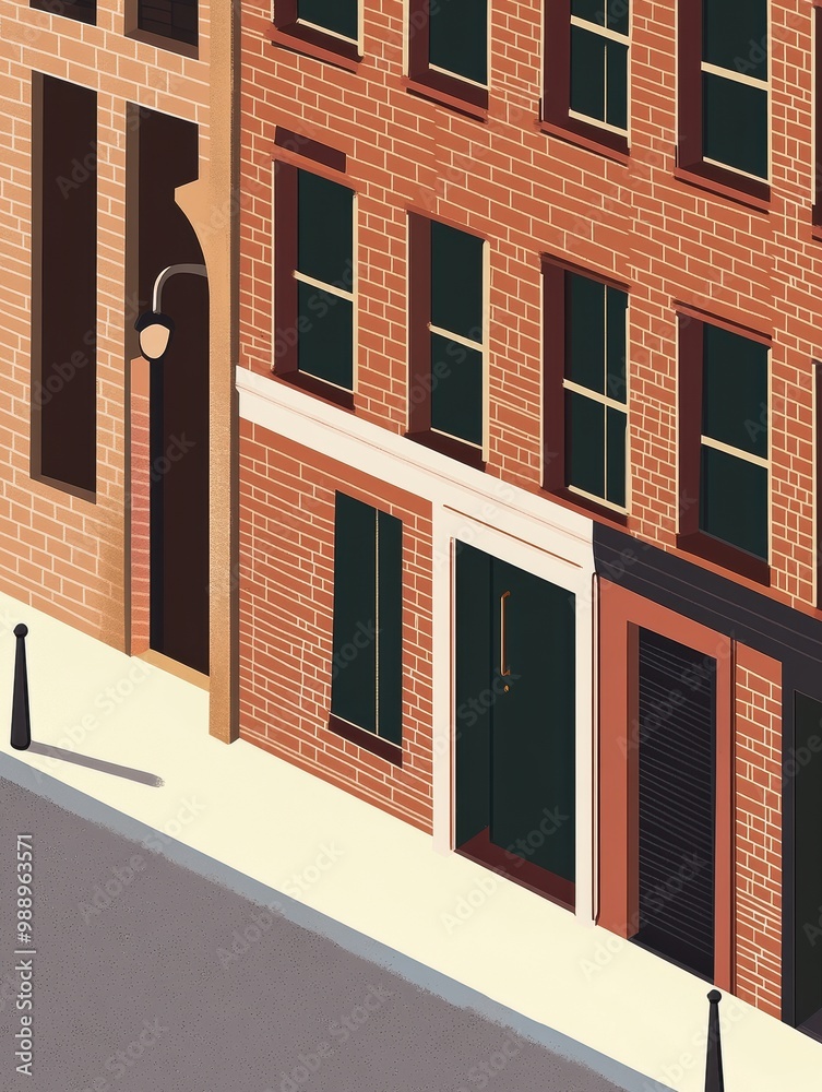 Poster Stylized Urban Street Scene with Brick Buildings