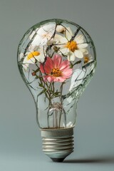 A cracked lightbulb with flowers growing from within.