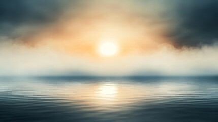 Fototapeta premium A tranquil sunrise breaking through thick morning fog over a lake, foggy morning, peaceful yet mysterious dawn