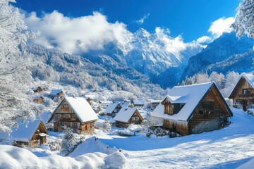  Alpine Mountain Village with Snow-Covered Houses