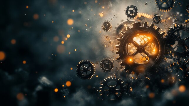 Abstract depiction of time with glowing gears and cogs interlocking in a dark void, conceptual art, mechanical glow