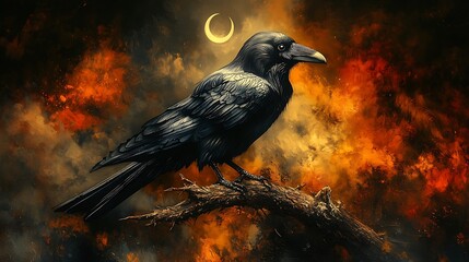 A black and white raven perched on a branch, with outstretched wings and a crescent moon in the background, detailed feathers and sharp contrasts between light and shadow,