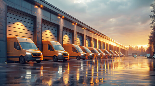 Cargo vans near a logistics warehouse