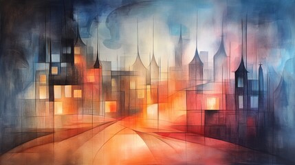Fototapeta premium An abstract painting of a city skyline with glowing windows and neon outlines, urban art, night city glow
