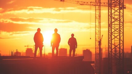 Silhouettes of construction workers and engineer at site with sunset backdrop.