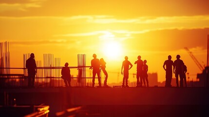 Fototapeta premium Construction team and engineer silhouetted against the setting sun's light flare.