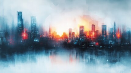 Fototapeta premium An abstract painting of a city skyline with glowing windows and neon outlines, urban art, night city glow