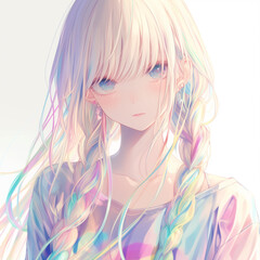 Ethereal blonde fairy in floral attire gliding through the forest bathed in sunlight, a pastel-hued anime-inspired fantasy with ultra-realistic detail