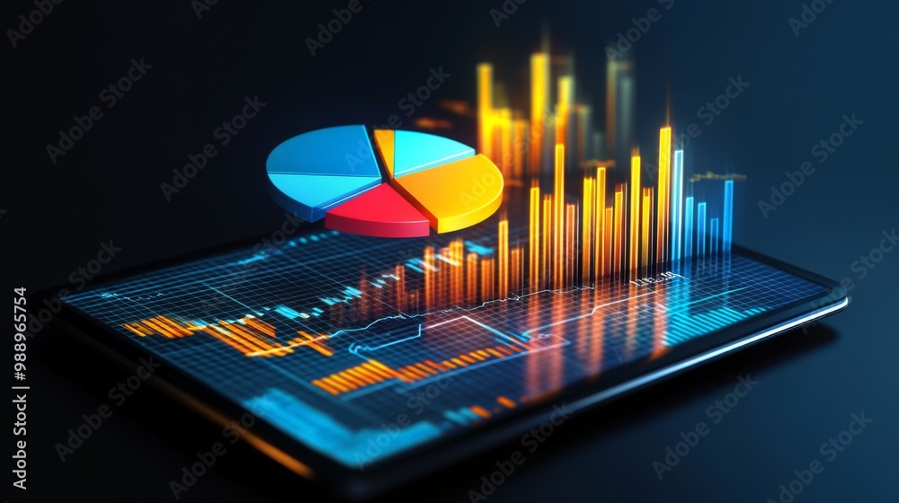 Poster a dynamic 3d pie chart on a tablet, displayed alongside bar graphs and stock market trends, represen