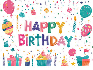 A colorful Happy Birthday card with the words HAPPY BIRTHDAY in large letters