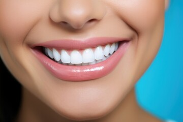 Fototapeta premium Women showing beautiful white smile teeth skin blue.