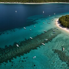 Aerial view of a peaceful bay where the turquoise waters stretch out to meet the horizon, with a line of small boats anchored near the shore and dense forest beyond