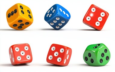 A set of six-sided dice in various colors