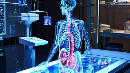 A futuristic anatomical illustration of a human skeleton and organs for educational purposes.