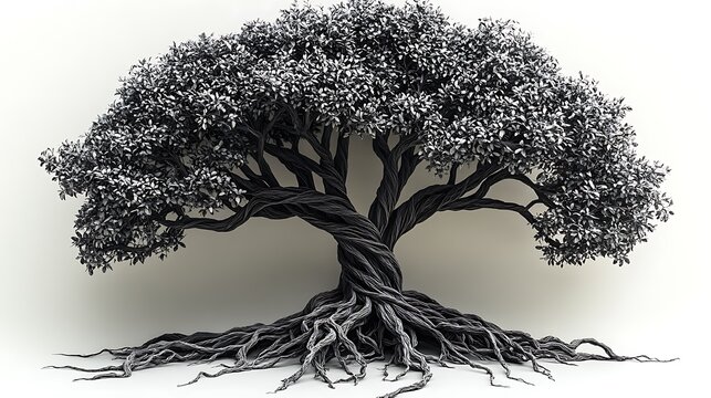 A black and white tree of life with detailed roots and branches intertwining, symbolizing growth and connection, soft gradient shading and strong contrasts in the leaves and bark.