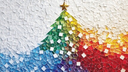 A colorful mosaic design with rainbow and white tiles arranged in the shape of a Christmas tree, offering a vibrant and festive holiday visual