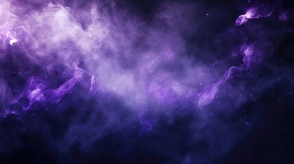 Fototapeta premium A dark, mystical background with purple sparks, swirling smoke, and magic fire particle effects, featuring foggy clouds and abstract violet energy for a spooky Halloween frame