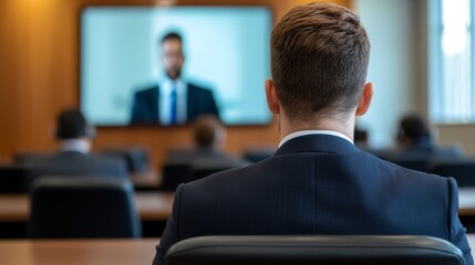 Professional meeting with participants attending virtual conference on large screen.