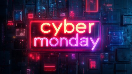 Neon sign with the words "Cyber Monday" on a futuristic background with glowing icons.
