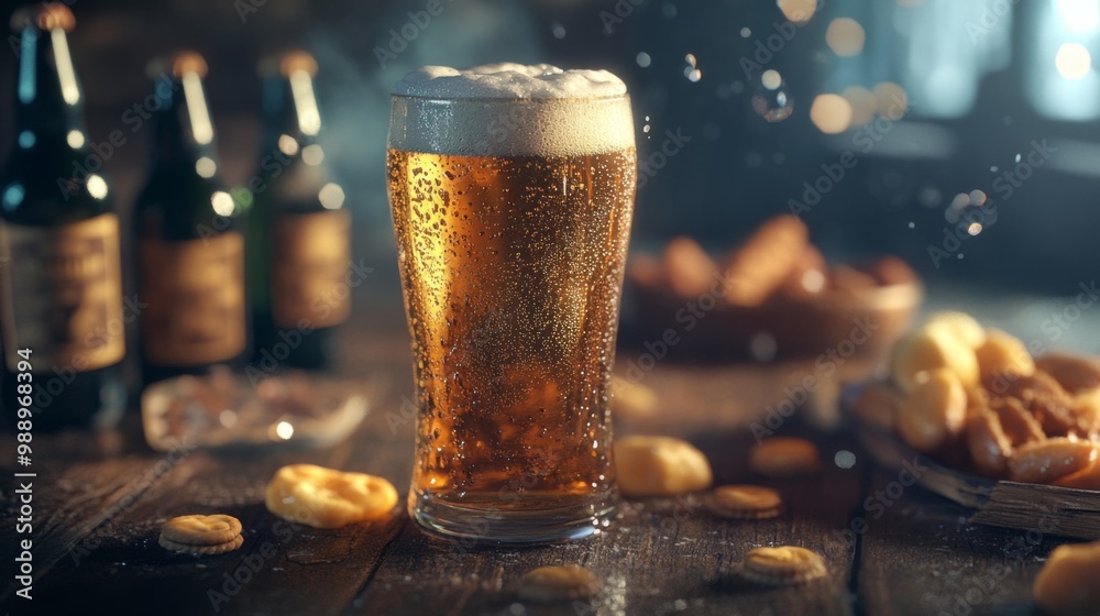 Poster a frosty glass of beer with condensation, sitting on a rustic wooden table, surrounded by beer bottl