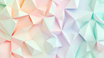 Fototapeta premium A pastel background with an abstract arrangement of polygons in soft shades of peach, mint, and lavender, creating a modern, airy design.
