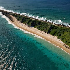 Aerial view of a hidden cove with turquoise waters and a sandy beach, framed by cliffs covered in lush greenery, with waves gently lapping at the shore