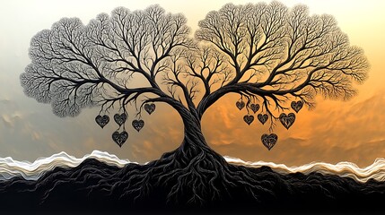A black and white Tree of Life with roots and branches that form intricate heart shapes, symbolizing love and interconnectedness, delicate line work with bold contrasts between light and dark.