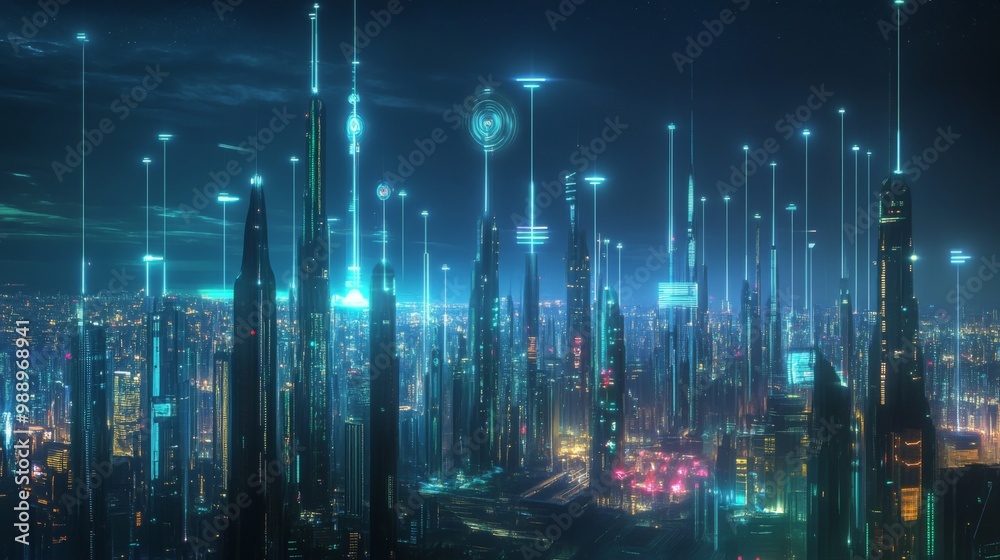Aufkleber a futuristic city skyline illuminated at night, with glowing signals representing wireless networks,