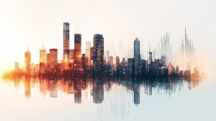 Obraz premium Detailed city skyline with financial graphs overlay, representing urban economic growth, economic policy concept