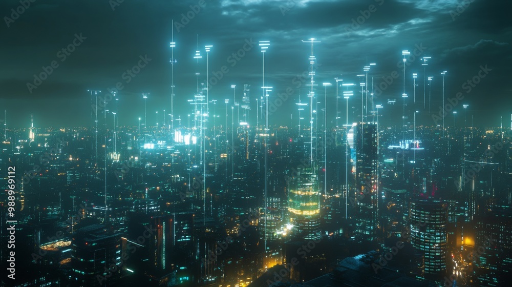 Poster A futuristic city skyline illuminated at night, with glowing signals representing wireless networks, symbolizing the advancement of technology and connectivity.