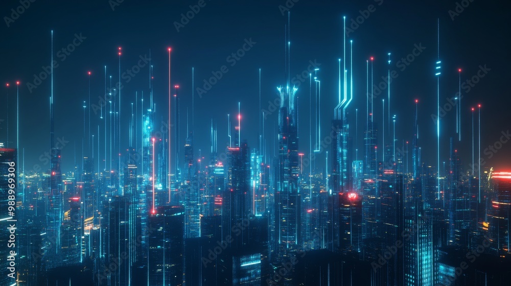 Aufkleber a futuristic city skyline illuminated at night, with glowing signals representing wireless networks,