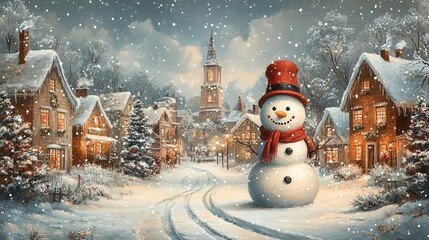 charming winter cityscape in retro cartoon style whimsical houses decorated trees and a jolly snowman create a cozy holiday scene with a nostalgic twist