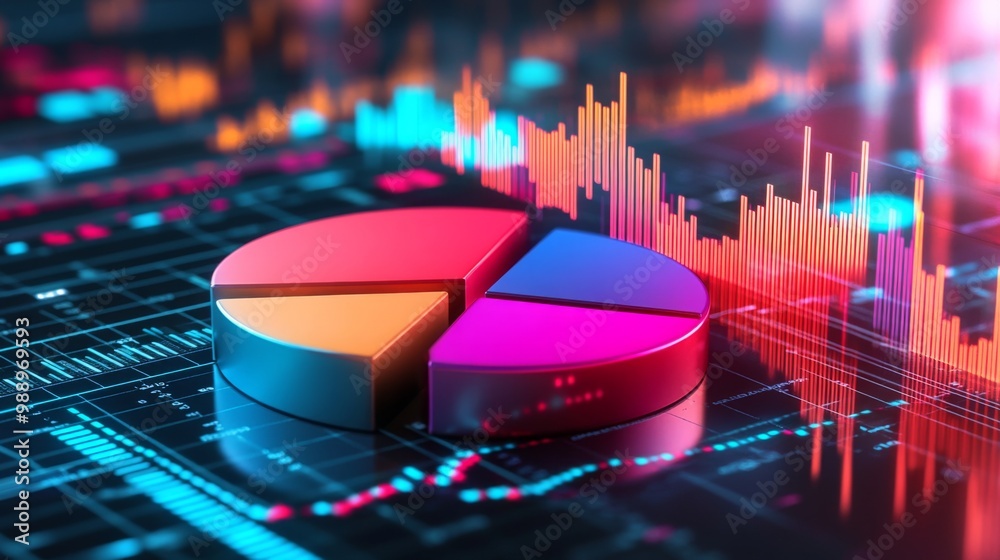 Poster A futuristic financial report featuring a 3D pie chart with bright colors, set against a background of stock market graphs and digital analytics.