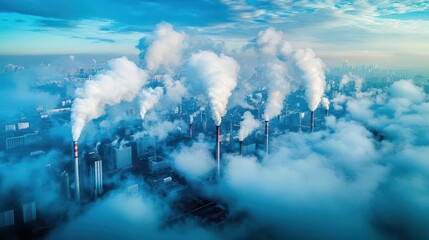 Fototapeta premium Smoke from factories merging into clouds above a busy city, illustrating the environmental impact of industrialization
