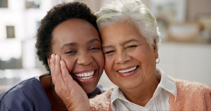 Nurse, portrait and hug with senior woman, smile and compassion of caregiver, couch and nursing home. Support, embrace and elderly person with medical professional, rehabilitation and healthcare