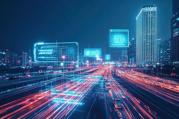 Obraz premium Highway junction, glowing AR road signs, sleek cars, ultramodern city, night glow