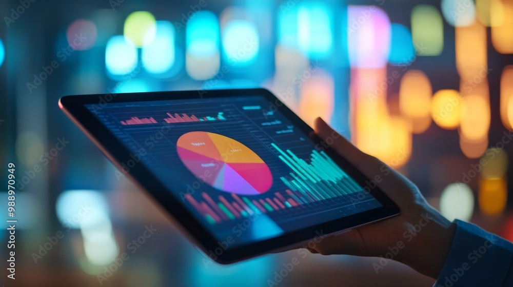 Aufkleber a hand holding a tablet showing a spinning 3d pie chart, with a financial report and market analytic