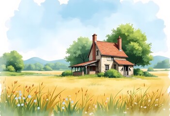Obraz premium Country house. sunny morning. Author illustration 