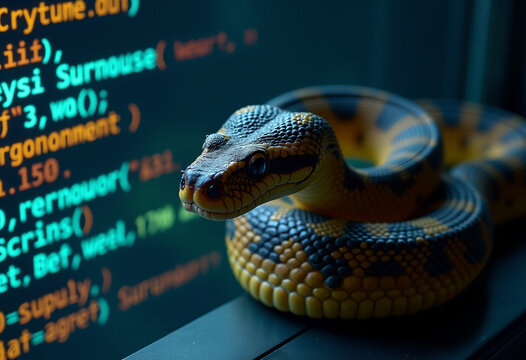 Python snake on the background of computer code
