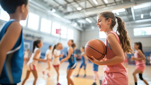 A young girl smiles while holding a basketball during a game with teammates.
